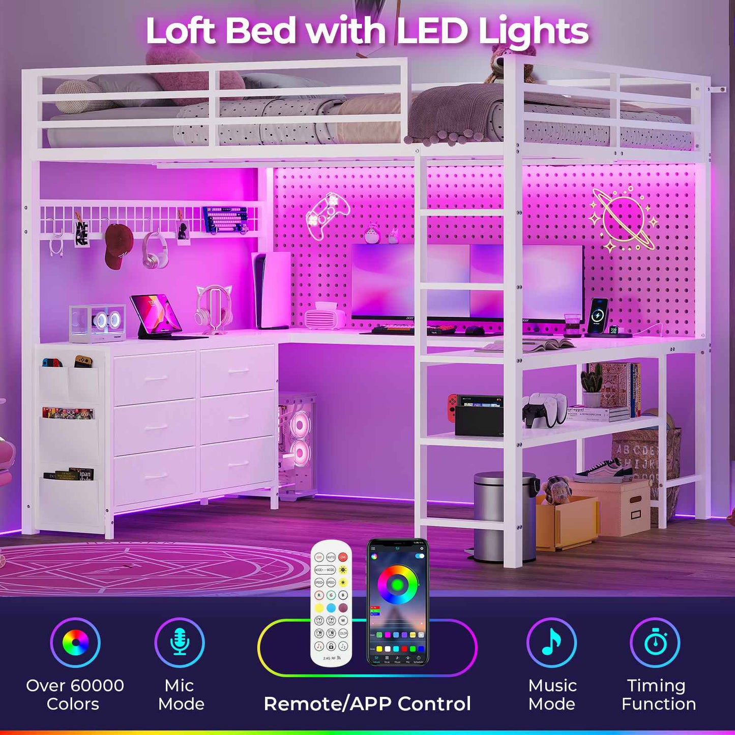 ADORNEVE Loft Bed Full Size with U-Shaped Desk and 6 Storage Drawers LED Metal Loft Bed with Power Outlet and 2 Storage Shelves Bed with Safety Guardrail and Ladders