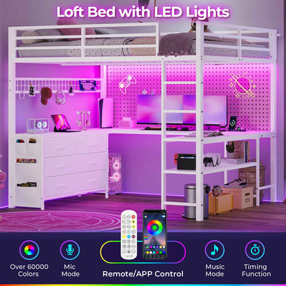 ADORNEVE Loft Bed Full Size with U-Shaped Desk and 6 Storage Drawers LED Metal Loft Bed with Power Outlet and 2 Storage Shelves Bed with Safety Guardrail and Ladders
