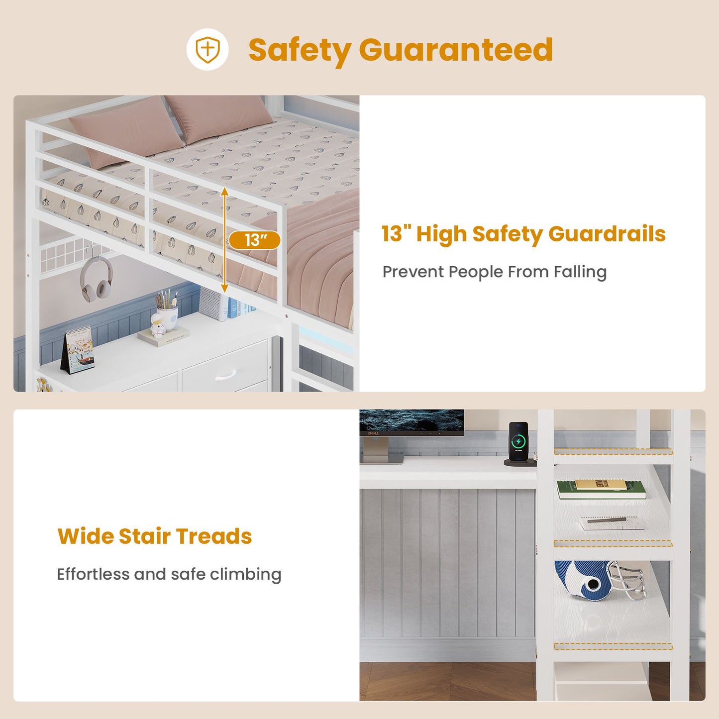 ADORNEVE Loft Bed Full Size with U-Shaped Desk and 6 Storage Drawers LED Metal Loft Bed with Power Outlet and 2 Storage Shelves Bed with Safety Guardrail and Ladders