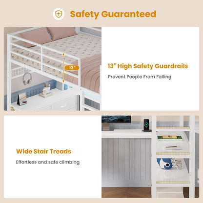 ADORNEVE Loft Bed Full Size with U-Shaped Desk and 6 Storage Drawers LED Metal Loft Bed with Power Outlet and 2 Storage Shelves Bed with Safety Guardrail and Ladders