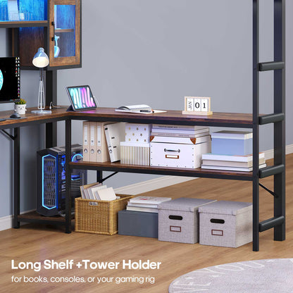 ADORNEVE Gaming Loft Bed Full Size with Desk and Hutch Drawers Power Outlet Metal Teens Loft Bed with RGB Lights and Guardrail Ladder