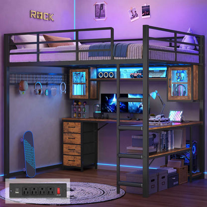ADORNEVE Gaming Loft Bed Full Size with Desk and Hutch Drawers Power Outlet Metal Teens Loft Bed with RGB Lights and Guardrail Ladder