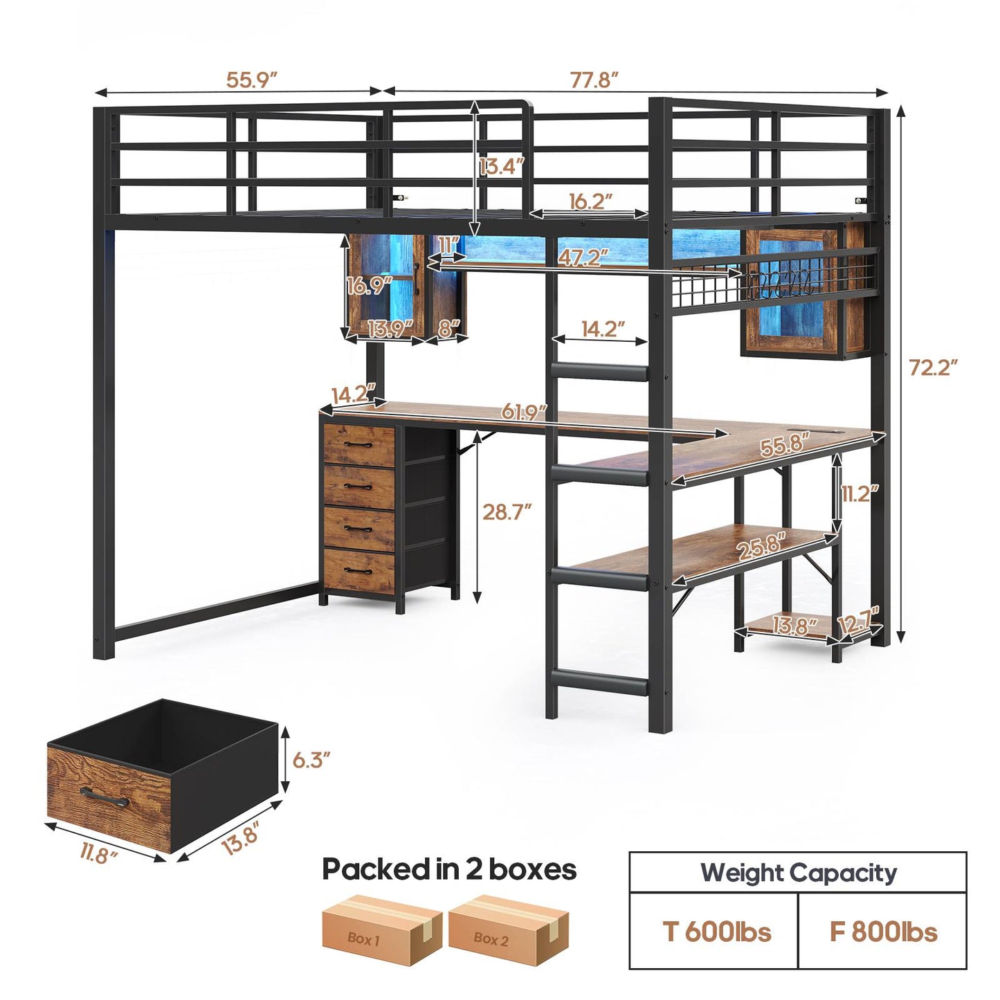 ADORNEVE Gaming Loft Bed Full Size with Desk and Hutch Drawers Power Outlet Metal Teens Loft Bed with RGB Lights and Guardrail Ladder