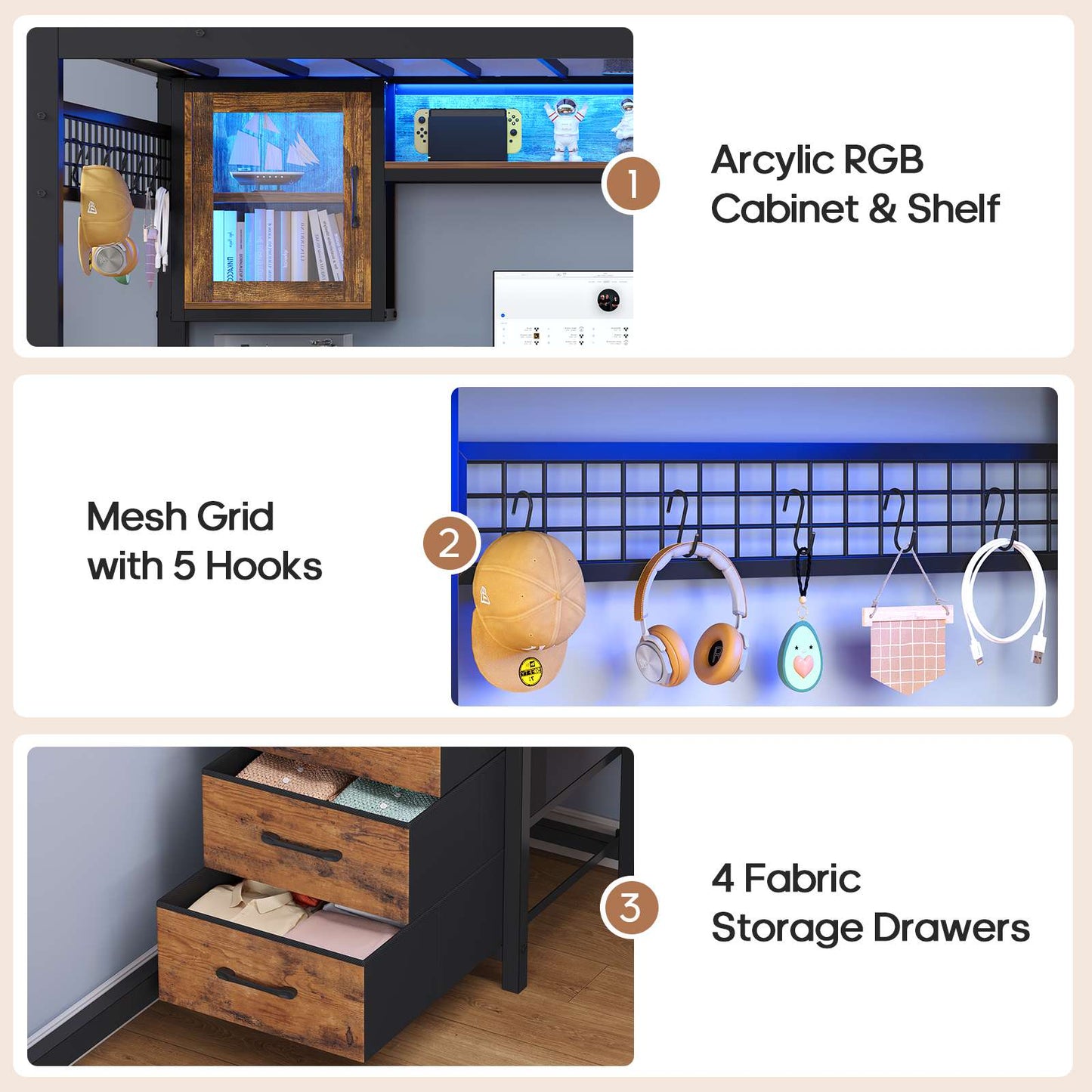 ADORNEVE Gaming Loft Bed Full Size with Desk and Hutch Drawers Power Outlet Metal Teens Loft Bed with RGB Lights and Guardrail Ladder