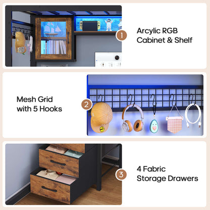 ADORNEVE Gaming Loft Bed Full Size with Desk and Hutch Drawers Power Outlet Metal Teens Loft Bed with RGB Lights and Guardrail Ladder
