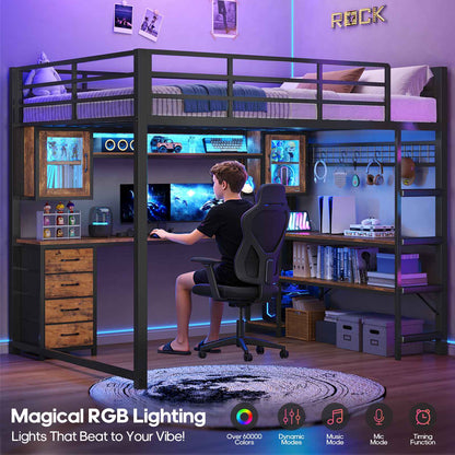 ADORNEVE Gaming Loft Bed Full Size with Desk and Hutch Drawers Power Outlet Metal Teens Loft Bed with RGB Lights and Guardrail Ladder