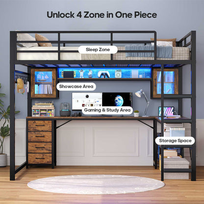 ADORNEVE Gaming Loft Bed Full Size with Desk and Hutch Drawers Power Outlet Metal Teens Loft Bed with RGB Lights and Guardrail Ladder