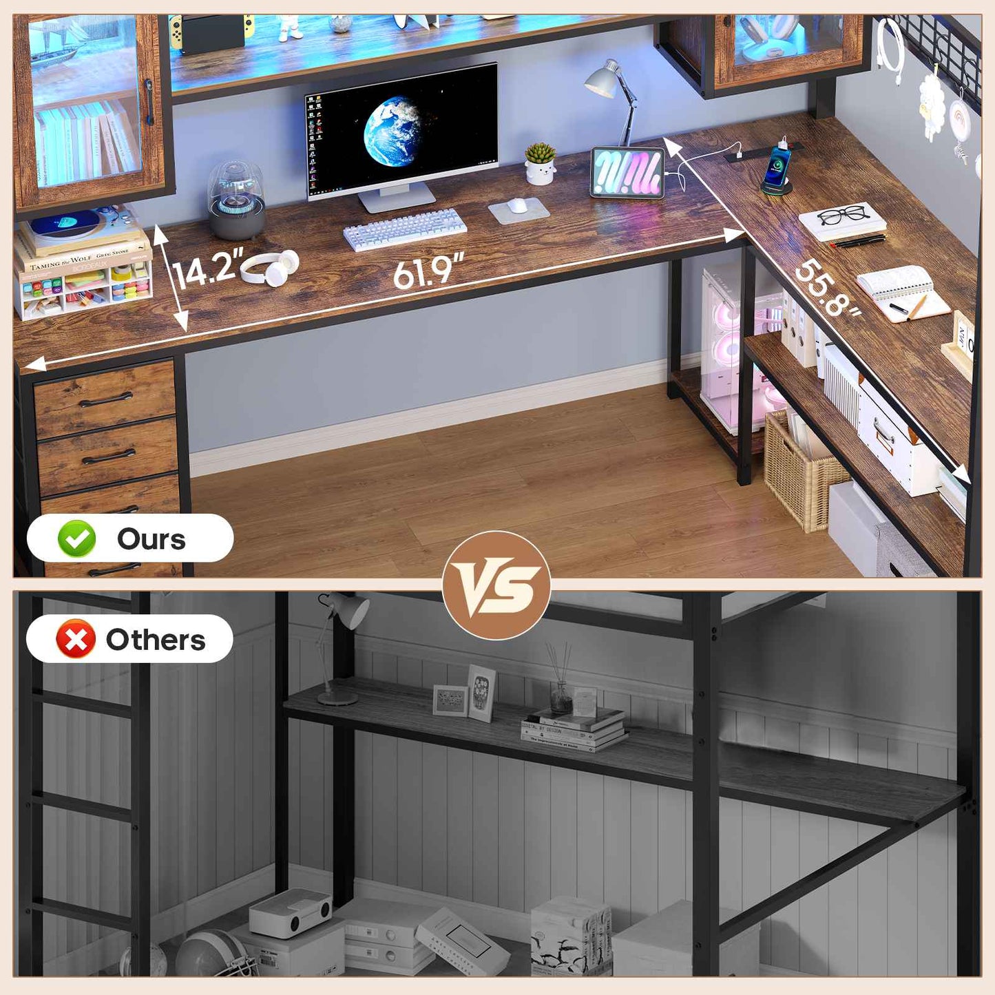 ADORNEVE Gaming Loft Bed Full Size with Desk and Hutch Drawers Power Outlet Metal Teens Loft Bed with RGB Lights and Guardrail Ladder