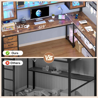 ADORNEVE Gaming Loft Bed Full Size with Desk and Hutch Drawers Power Outlet Metal Teens Loft Bed with RGB Lights and Guardrail Ladder