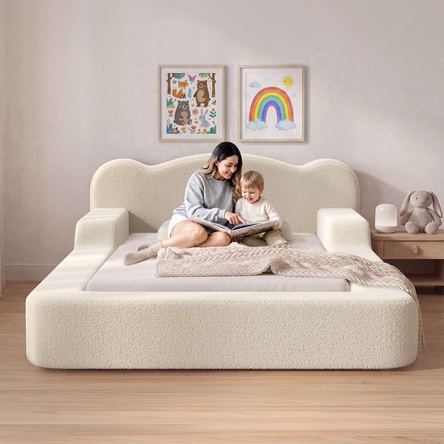 ADORNEVE Full Size Toddler Floor Bed with Safety Guardrails Low Montessori Bed with 6 Inch Foam Cushioned Upholstered