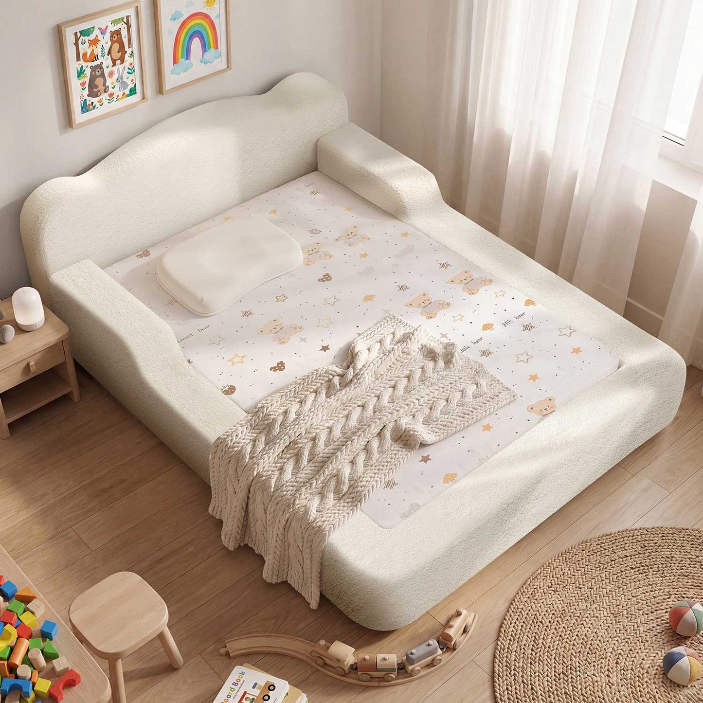 ADORNEVE Full Size Toddler Floor Bed with Safety Guardrails Low Montessori Bed with 6 Inch Foam Cushioned Upholstered