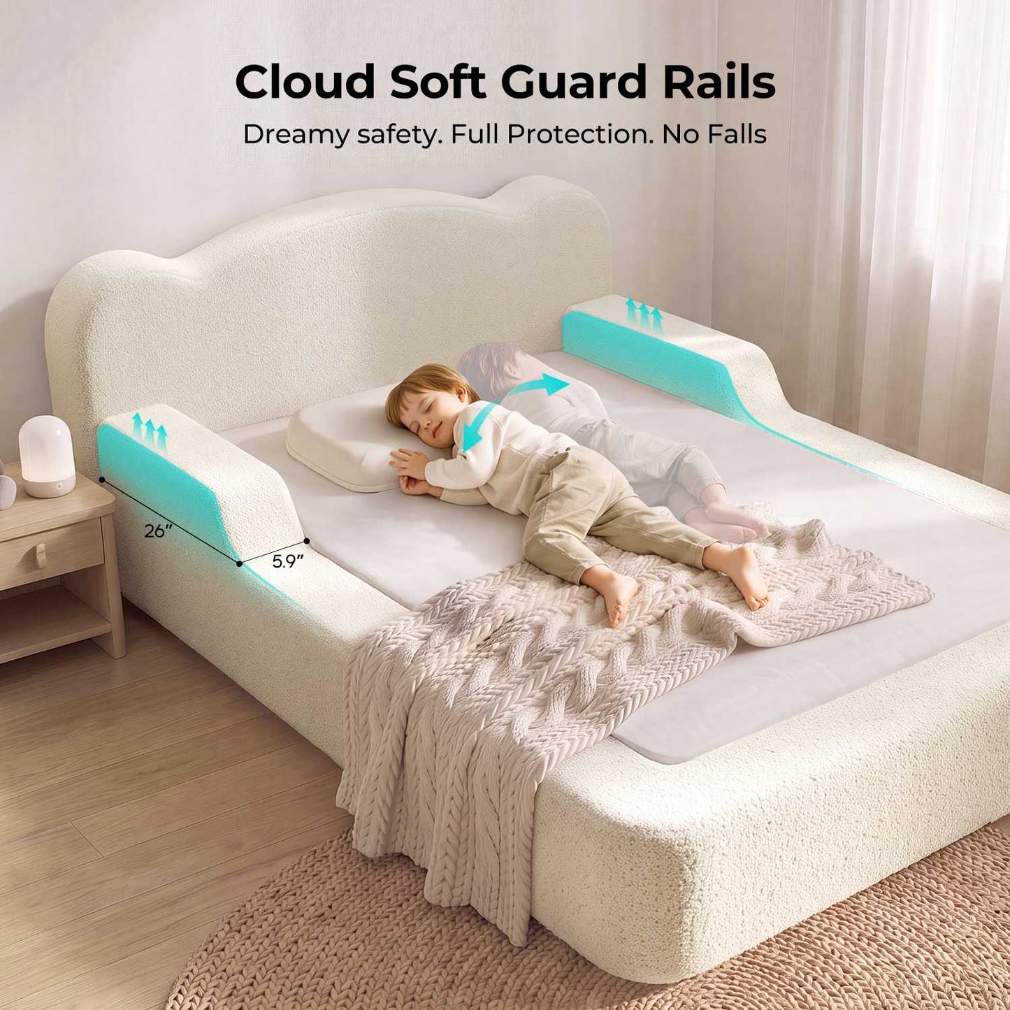 ADORNEVE Full Size Toddler Floor Bed with Safety Guardrails Low Montessori Bed with 6 Inch Foam Cushioned Upholstered