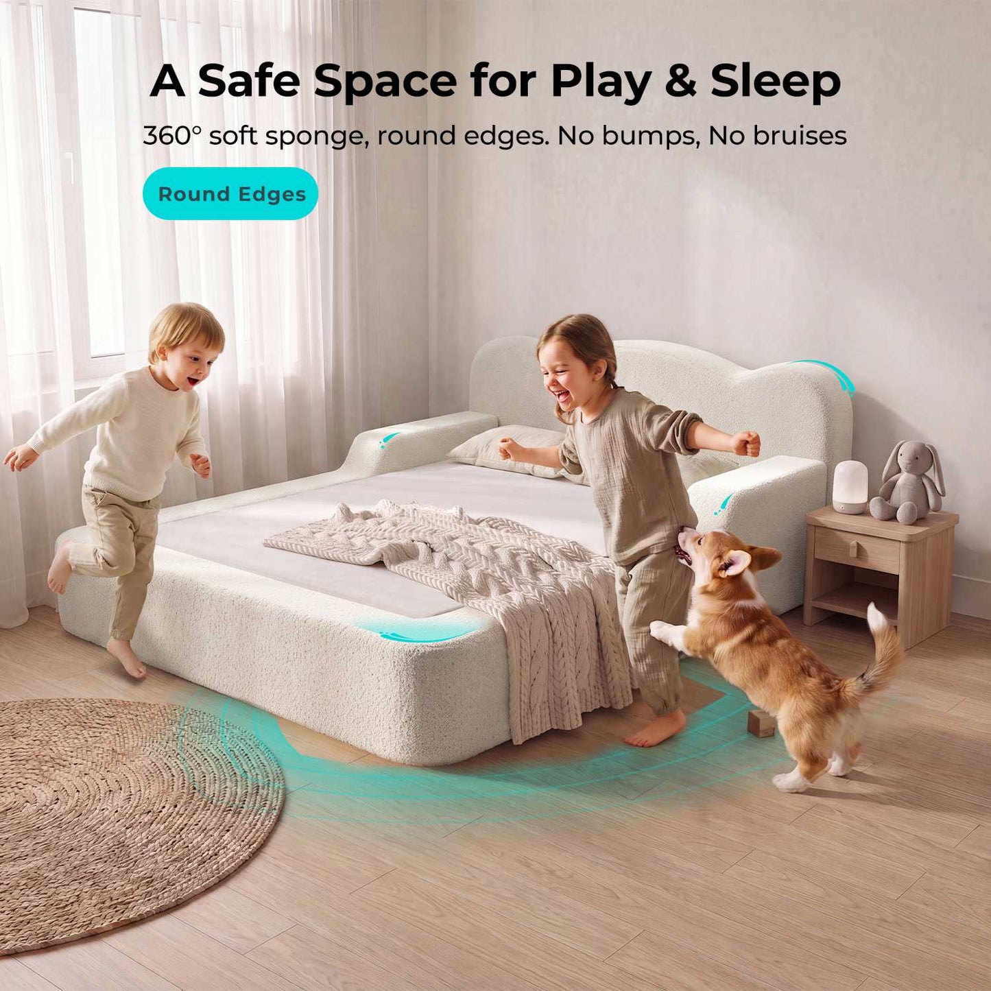 ADORNEVE Full Size Toddler Floor Bed with Safety Guardrails Low Montessori Bed with 6 Inch Foam Cushioned Upholstered