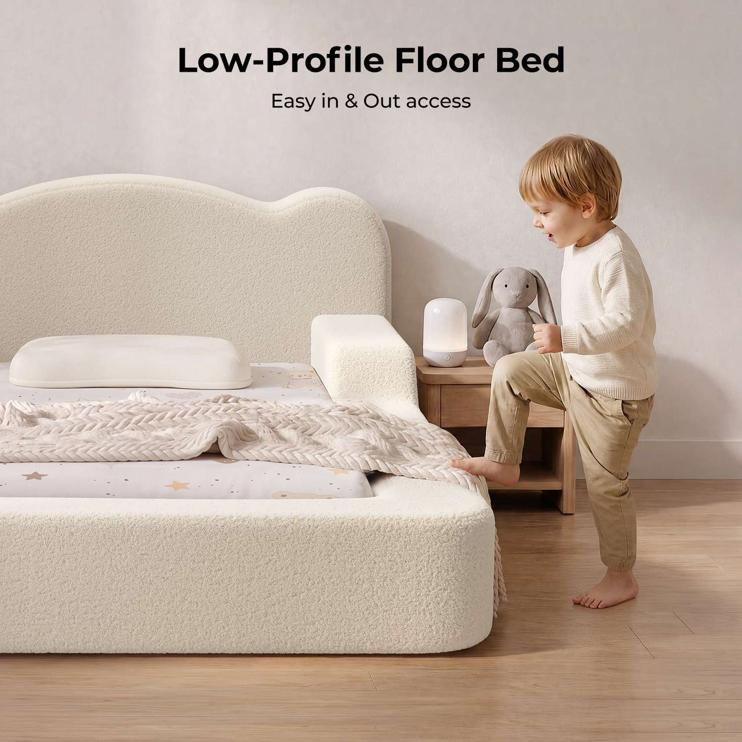 ADORNEVE Full Size Toddler Floor Bed with Safety Guardrails Low Montessori Bed with 6 Inch Foam Cushioned Upholstered