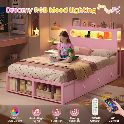 ADORNEVE Bed Frame Twin Size with 6 Storage Drawers and 2-Tier LED Headboard Kids Bed with Power Outlets and 2 Footboard Cubbies