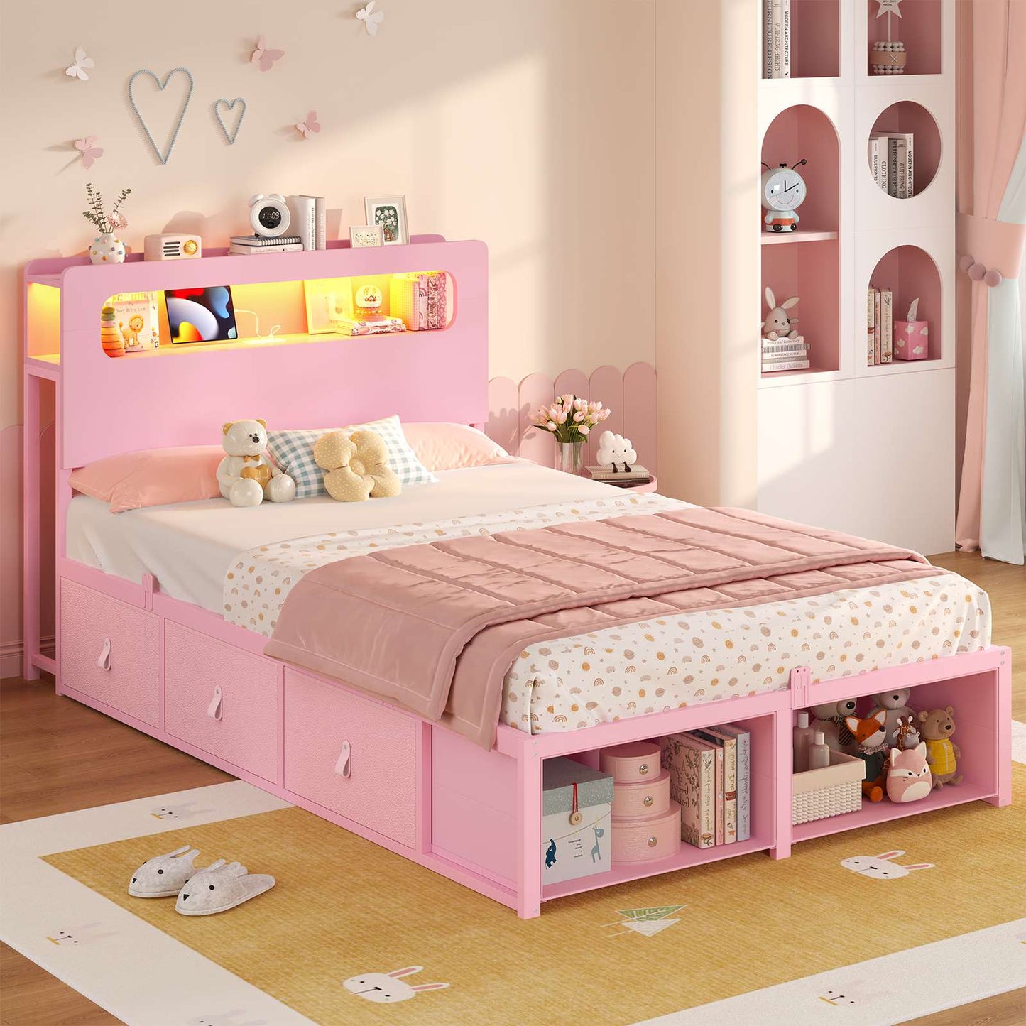 ADORNEVE Bed Frame Twin Size with 6 Storage Drawers and 2-Tier LED Headboard Kids Bed with Power Outlets and 2 Footboard Cubbies