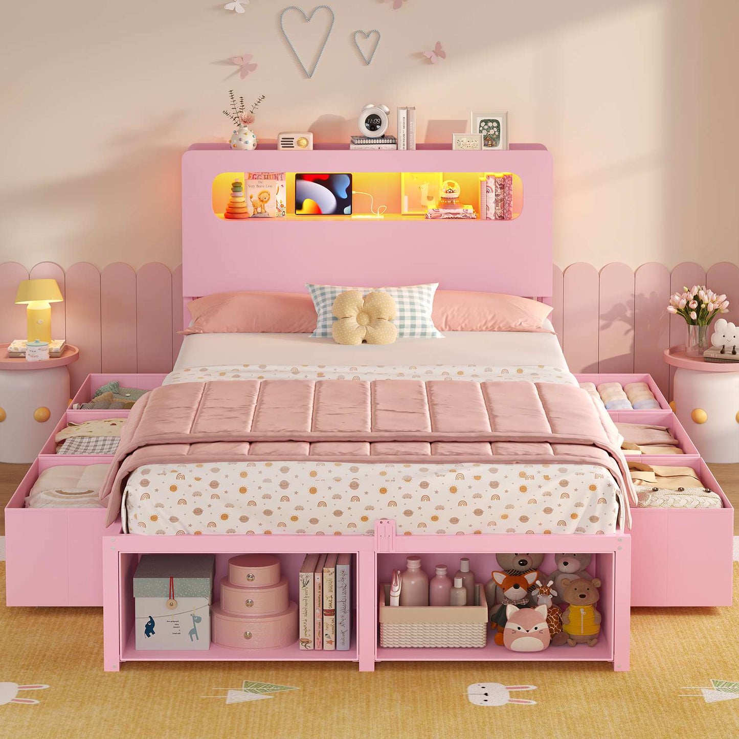 ADORNEVE Bed Frame Twin Size with 6 Storage Drawers and 2-Tier LED Headboard Kids Bed with Power Outlets and 2 Footboard Cubbies