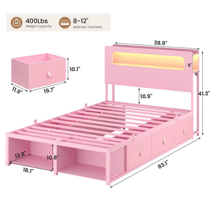 ADORNEVE Bed Frame Twin Size with 6 Storage Drawers and 2-Tier LED Headboard Kids Bed with Power Outlets and 2 Footboard Cubbies
