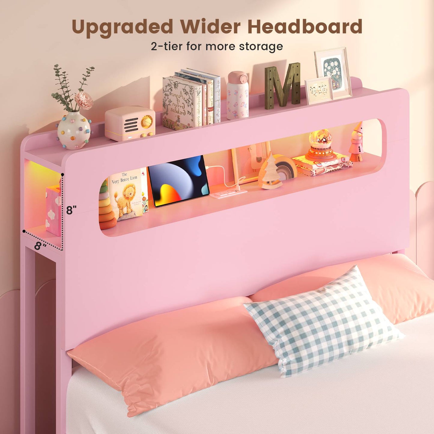 ADORNEVE Bed Frame Twin Size with 6 Storage Drawers and 2-Tier LED Headboard Kids Bed with Power Outlets and 2 Footboard Cubbies