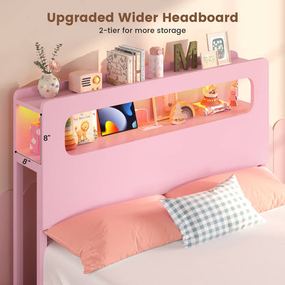 ADORNEVE Bed Frame Twin Size with 6 Storage Drawers and 2-Tier LED Headboard Kids Bed with Power Outlets and 2 Footboard Cubbies