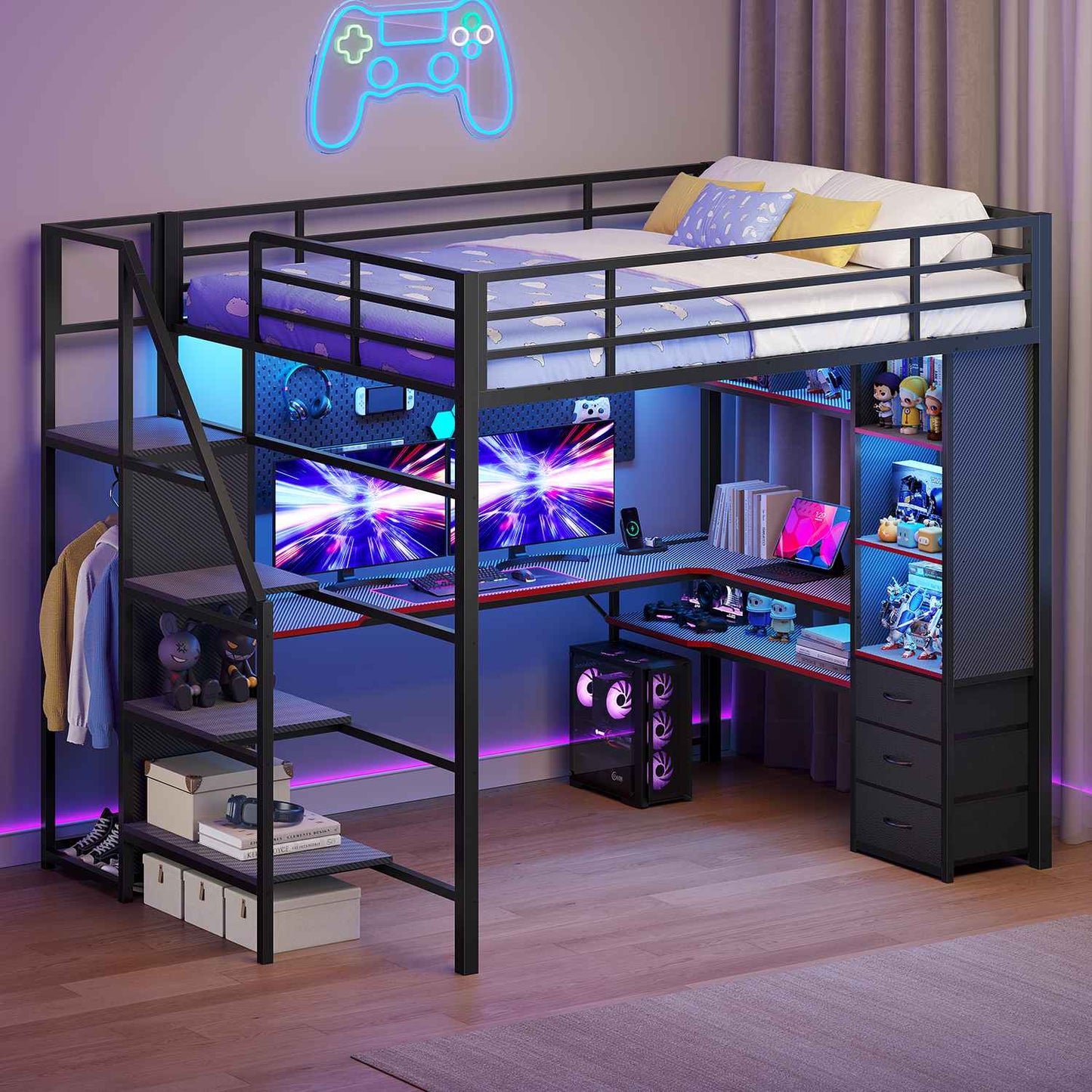 ADORNEVE Gaming Loft Bed Full Size with Desk Safety Power Outlets and Stairs LED Metal Loft with Cubbies and Storage Drawers