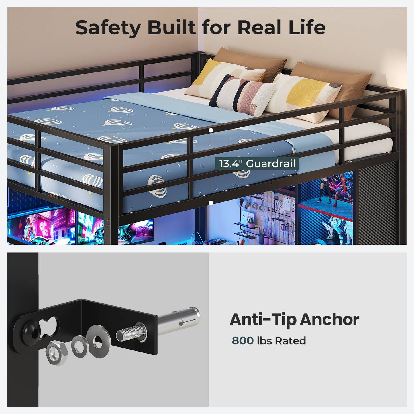 ADORNEVE Gaming Loft Bed Full Size with Desk Safety Power Outlets and Stairs LED Metal Loft with Cubbies and Storage Drawers