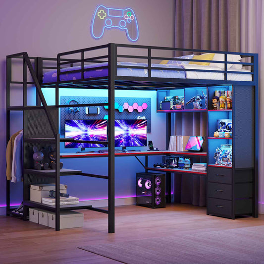 ADORNEVE Gaming Loft Bed Full Size with Desk Safety Power Outlets and Stairs LED Metal Loft with Cubbies and Storage Drawers