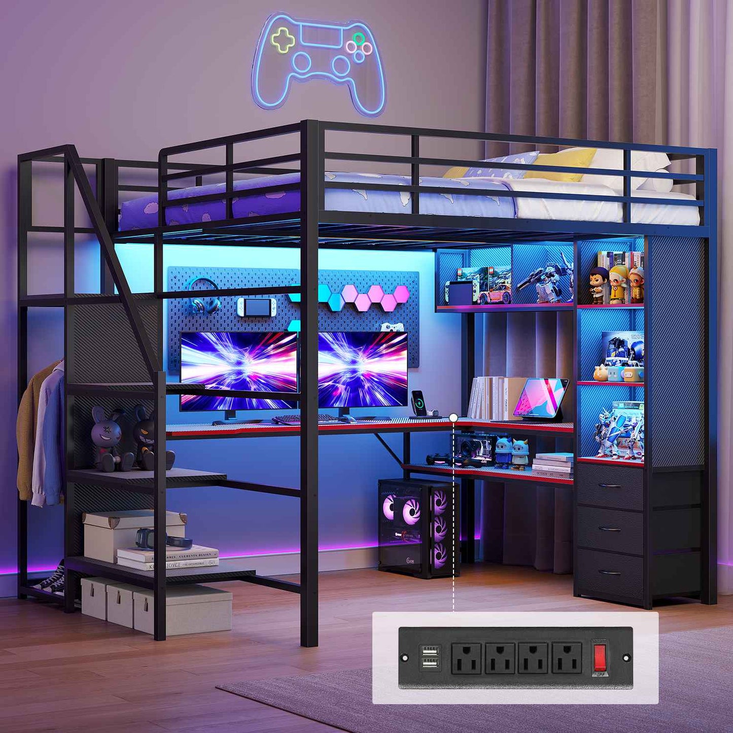 ADORNEVE Gaming Loft Bed Full Size with Desk Safety Power Outlets and Stairs LED Metal Loft with Cubbies and Storage Drawers