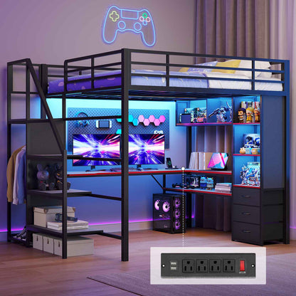 ADORNEVE Gaming Loft Bed Full Size with Desk Safety Power Outlets and Stairs LED Metal Loft with Cubbies and Storage Drawers