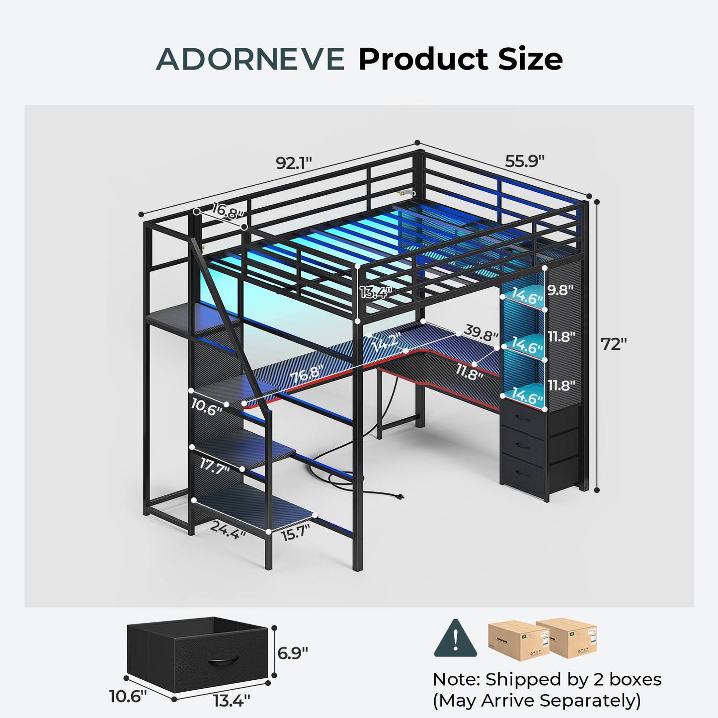 ADORNEVE Gaming Loft Bed Full Size with Desk Safety Power Outlets and Stairs LED Metal Loft with Cubbies and Storage Drawers