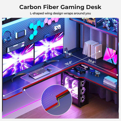 ADORNEVE Gaming Loft Bed Full Size with Desk Safety Power Outlets and Stairs LED Metal Loft with Cubbies and Storage Drawers