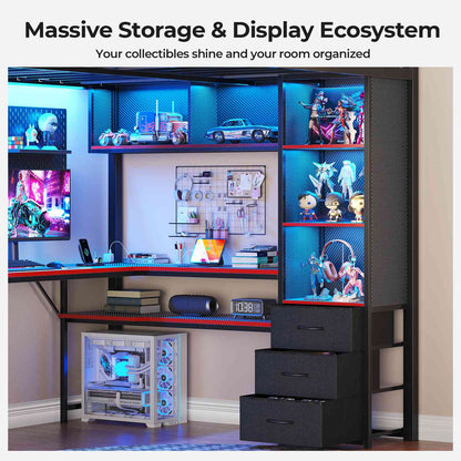 ADORNEVE Gaming Loft Bed Full Size with Desk Safety Power Outlets and Stairs LED Metal Loft with Cubbies and Storage Drawers