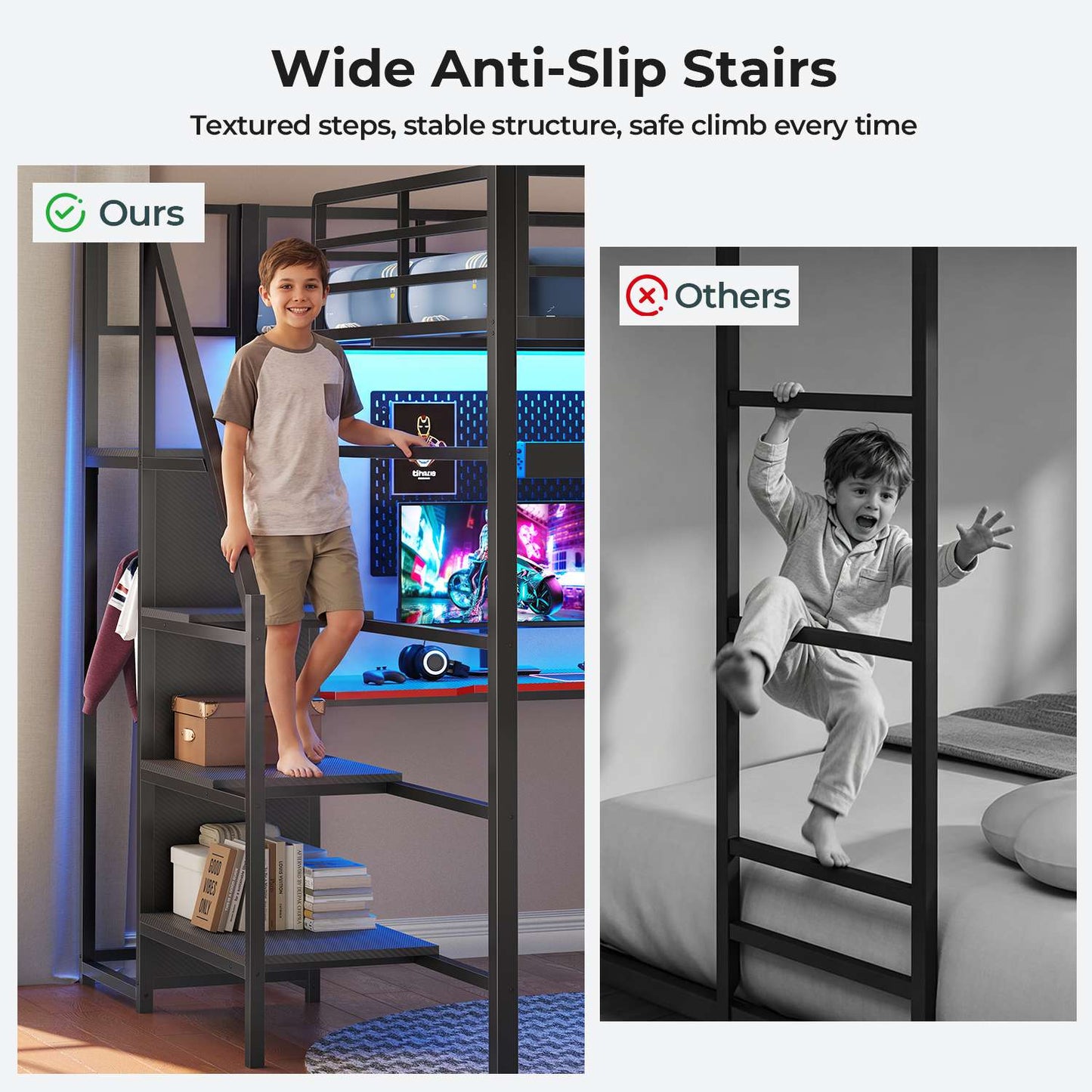 ADORNEVE Gaming Loft Bed Full Size with Desk Safety Power Outlets and Stairs LED Metal Loft with Cubbies and Storage Drawers