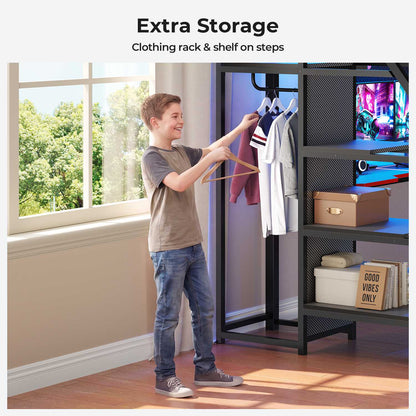 ADORNEVE Gaming Loft Bed Full Size with Desk Safety Power Outlets and Stairs LED Metal Loft with Cubbies and Storage Drawers