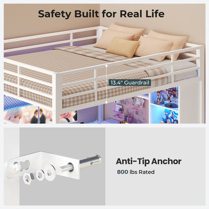 ADORNEVE Gaming Loft Bed Full Size with Desk Safety Power Outlets and Stairs LED Metal Loft with Cubbies and Storage Drawers