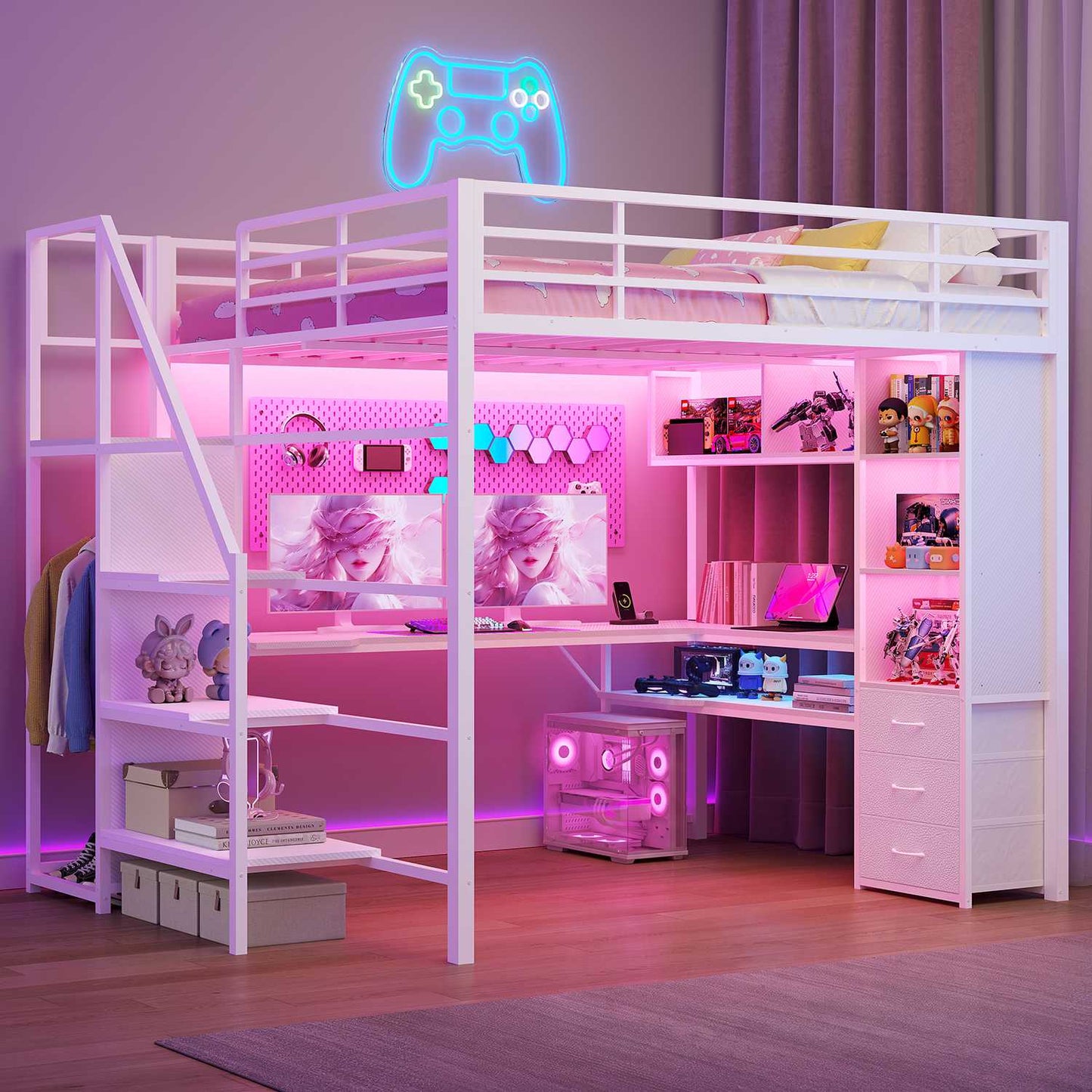ADORNEVE Gaming Loft Bed Full Size with Desk Safety Power Outlets and Stairs LED Metal Loft with Cubbies and Storage Drawers
