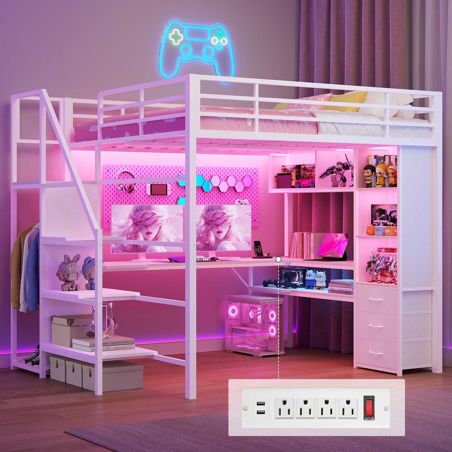 ADORNEVE Gaming Loft Bed Full Size with Desk Safety Power Outlets and Stairs LED Metal Loft with Cubbies and Storage Drawers