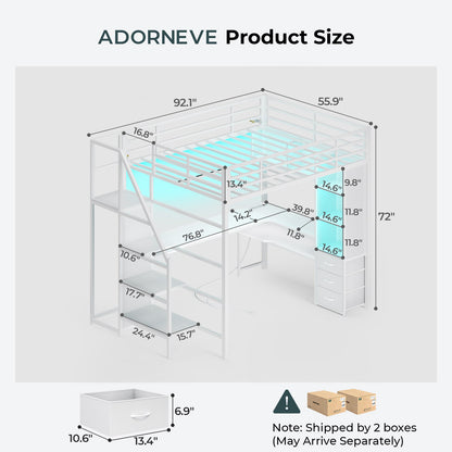ADORNEVE Gaming Loft Bed Full Size with Desk Safety Power Outlets and Stairs LED Metal Loft with Cubbies and Storage Drawers