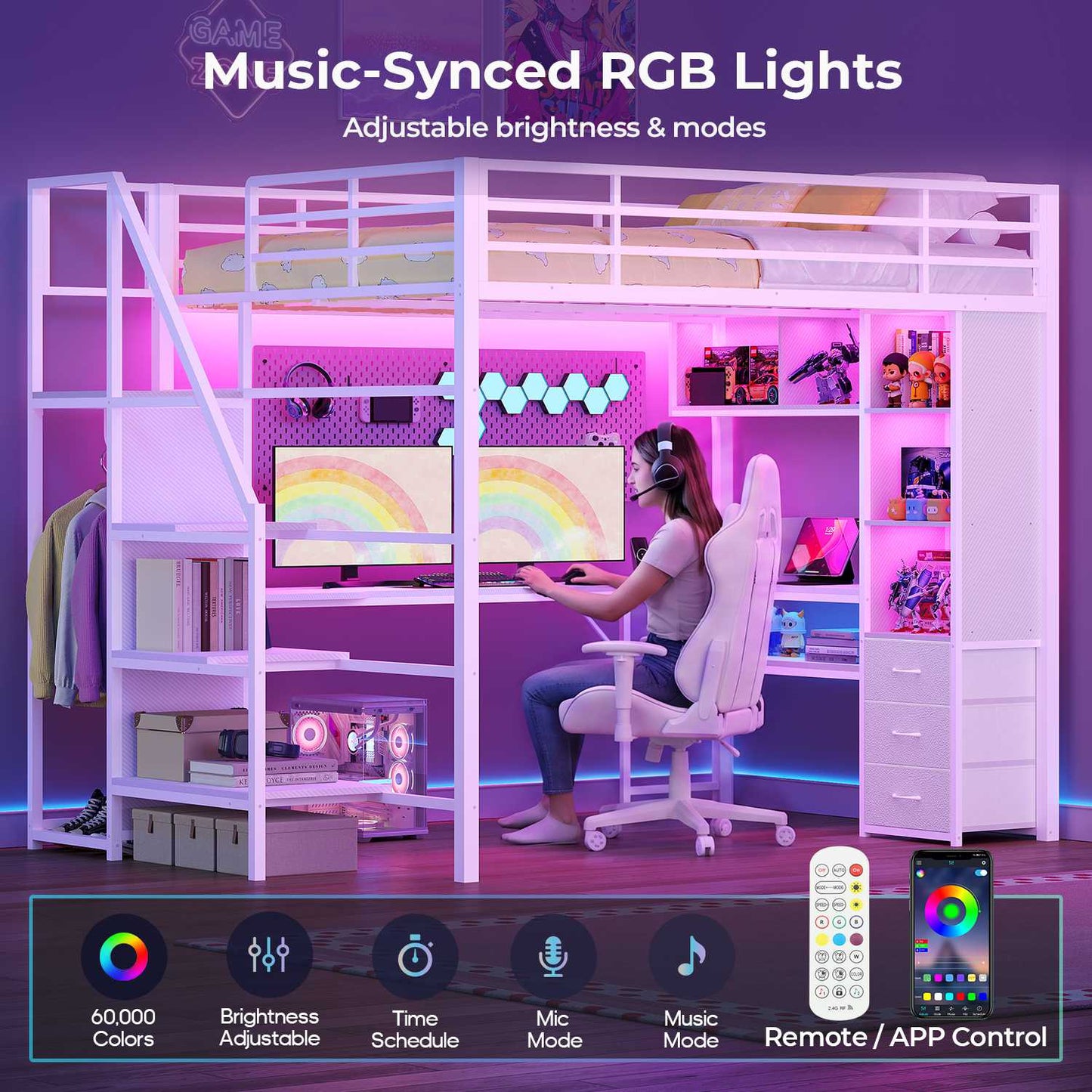 ADORNEVE Gaming Loft Bed Full Size with Desk Safety Power Outlets and Stairs LED Metal Loft with Cubbies and Storage Drawers