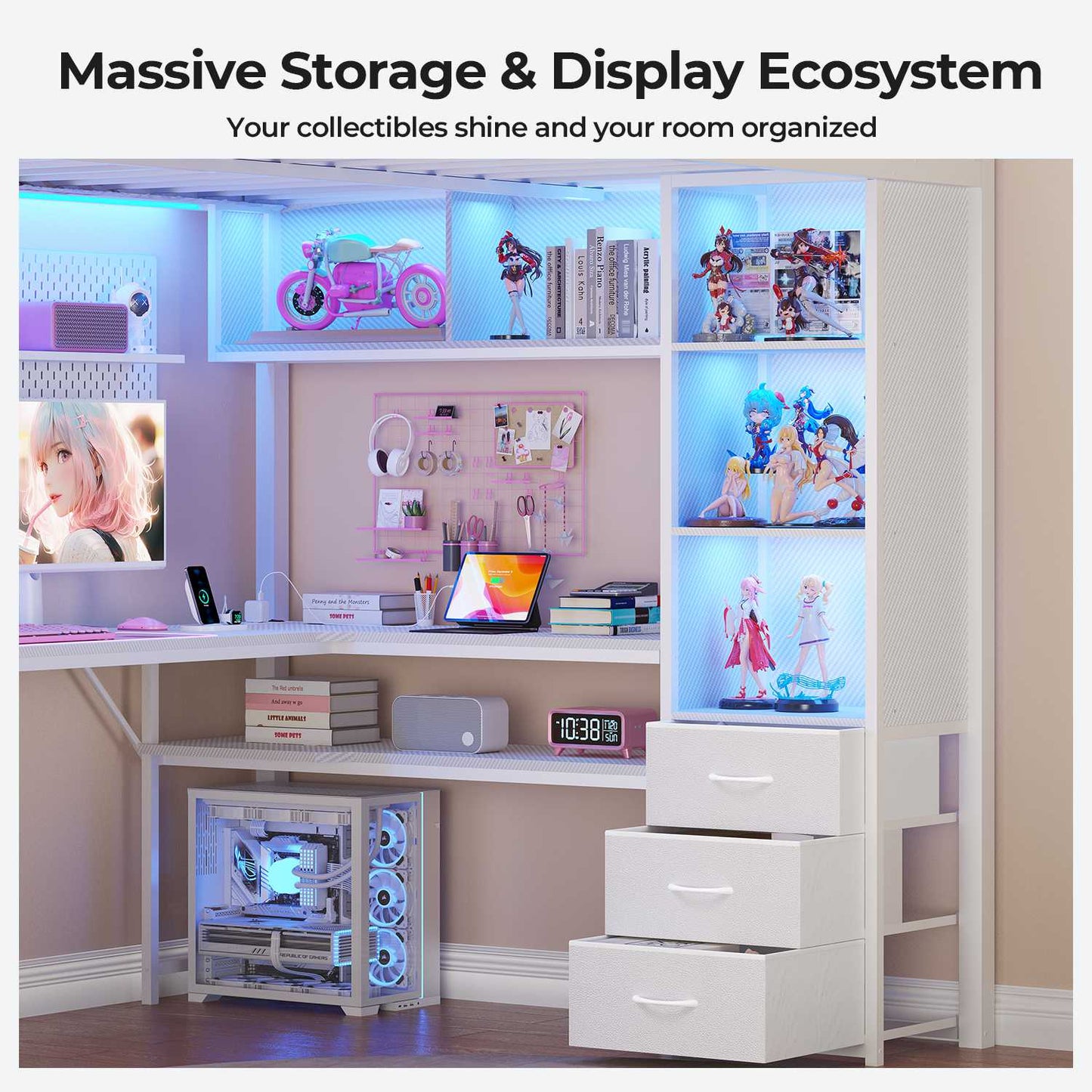 ADORNEVE Gaming Loft Bed Full Size with Desk Safety Power Outlets and Stairs LED Metal Loft with Cubbies and Storage Drawers