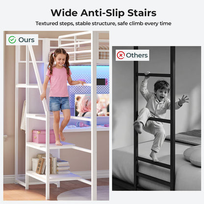 ADORNEVE Gaming Loft Bed Full Size with Desk Safety Power Outlets and Stairs LED Metal Loft with Cubbies and Storage Drawers