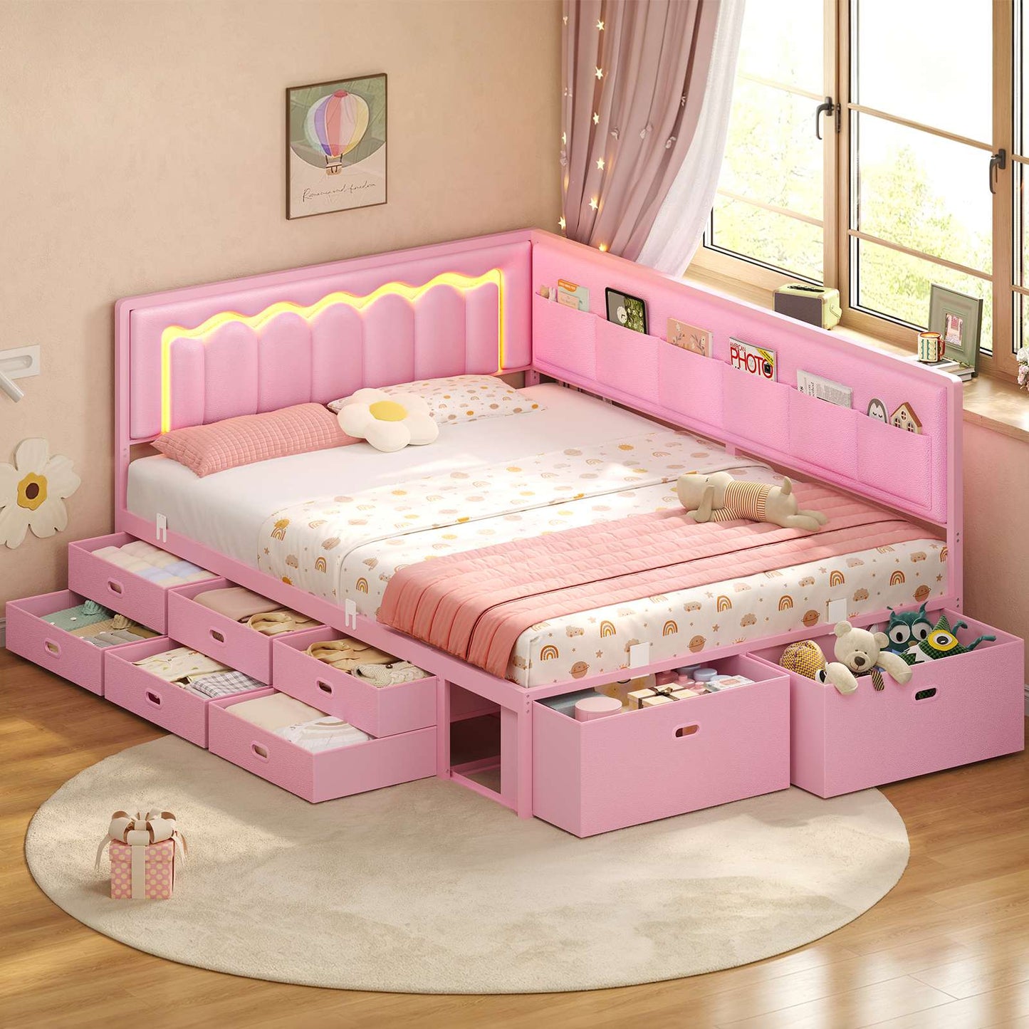 ADORNEVE Full Corner Bed Frame with 8 Drawers and 6 Storage Kids Teen Daybed with RGB Lights and L-Shaped Upholstered Guardrail