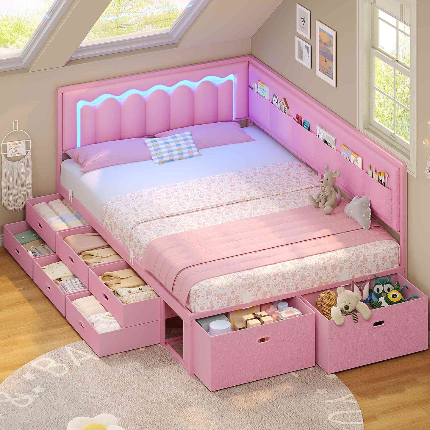 ADORNEVE Full Corner Bed Frame with 8 Drawers and 6 Storage Kids Teen Daybed with RGB Lights and L-Shaped Upholstered Guardrail