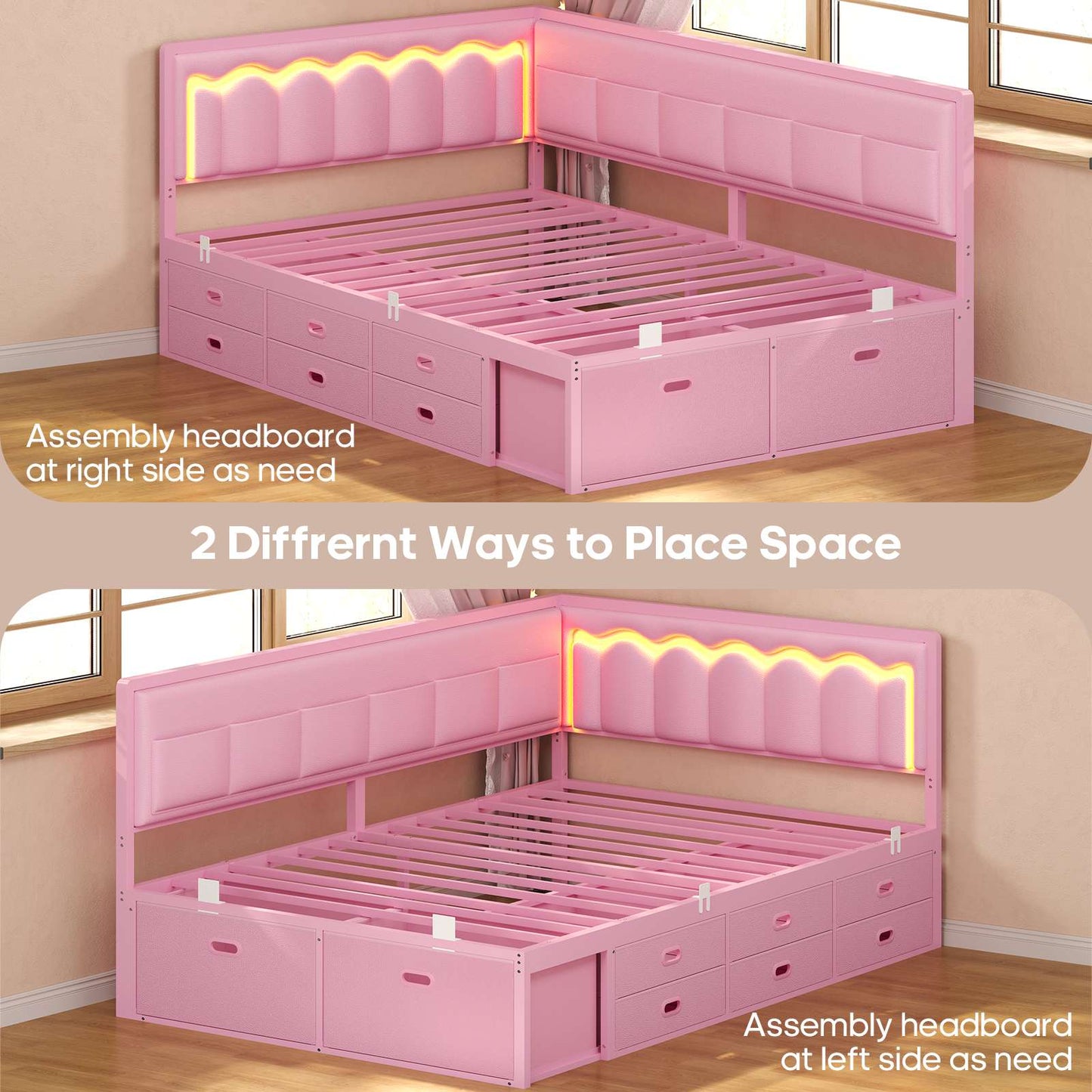 ADORNEVE Full Corner Bed Frame with 8 Drawers and 6 Storage Kids Teen Daybed with RGB Lights and L-Shaped Upholstered Guardrail
