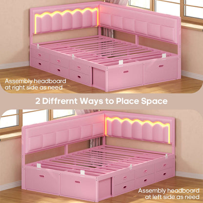 ADORNEVE Full Corner Bed Frame with 8 Drawers and 6 Storage Kids Teen Daybed with RGB Lights and L-Shaped Upholstered Guardrail