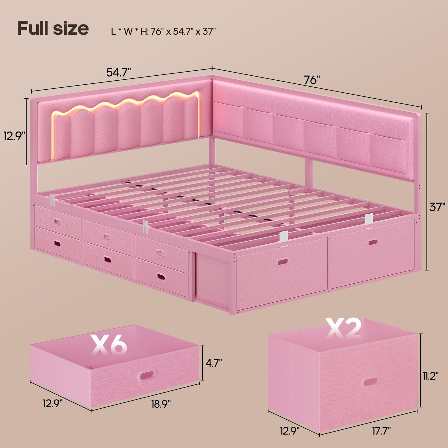 ADORNEVE Full Corner Bed Frame with 8 Drawers and 6 Storage Kids Teen Daybed with RGB Lights and L-Shaped Upholstered Guardrail
