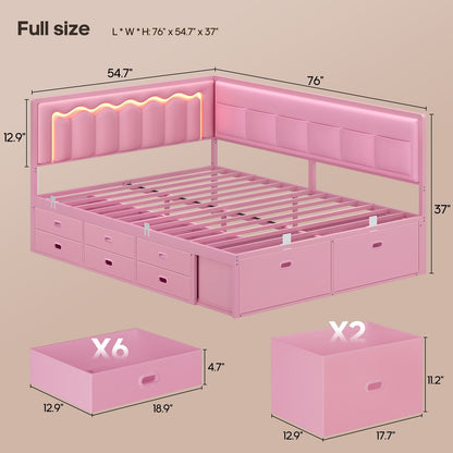 ADORNEVE Full Corner Bed Frame with 8 Drawers and 6 Storage Kids Teen Daybed with RGB Lights and L-Shaped Upholstered Guardrail