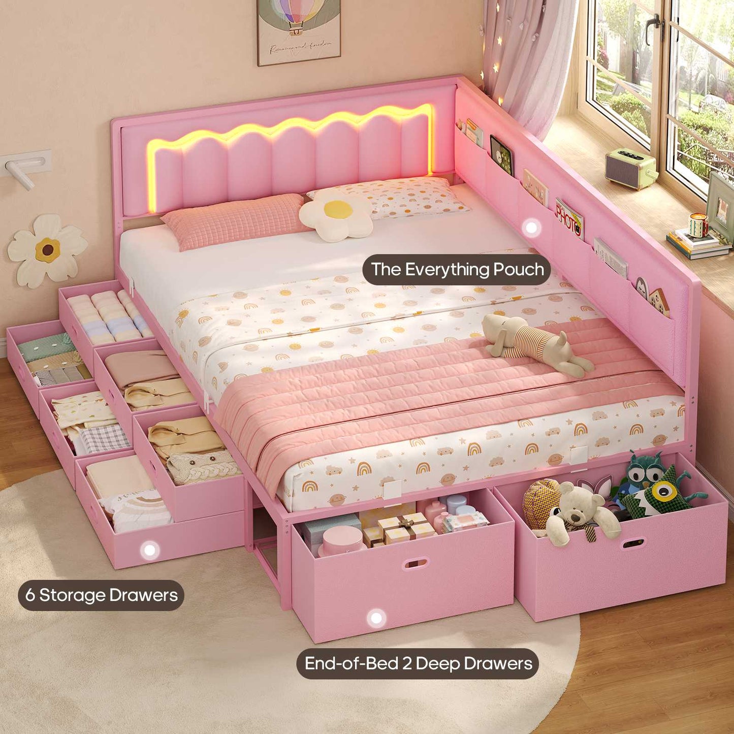 ADORNEVE Full Corner Bed Frame with 8 Drawers and 6 Storage Kids Teen Daybed with RGB Lights and L-Shaped Upholstered Guardrail