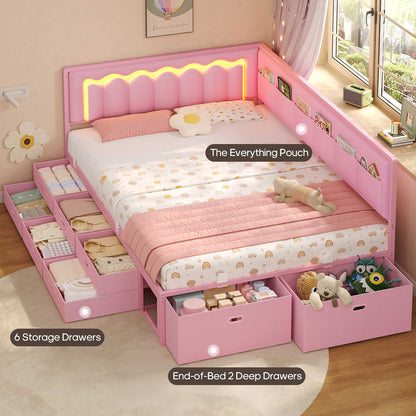 ADORNEVE Full Corner Bed Frame with 8 Drawers and 6 Storage Kids Teen Daybed with RGB Lights and L-Shaped Upholstered Guardrail