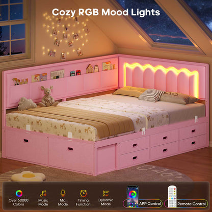 ADORNEVE Full Corner Bed Frame with 8 Drawers and 6 Storage Kids Teen Daybed with RGB Lights and L-Shaped Upholstered Guardrail